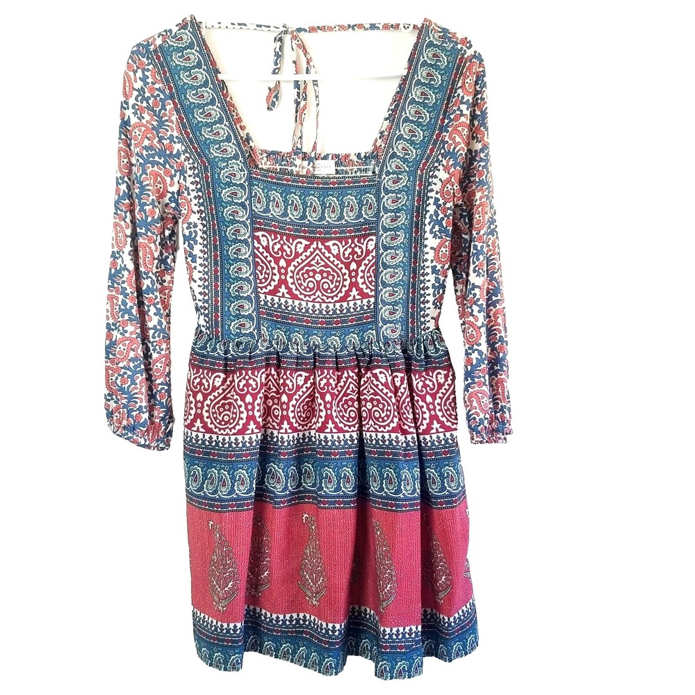 Abercrombie & Fitch Red Blue Paisley Smocked Long Sleeve Mini Dress Small Boho